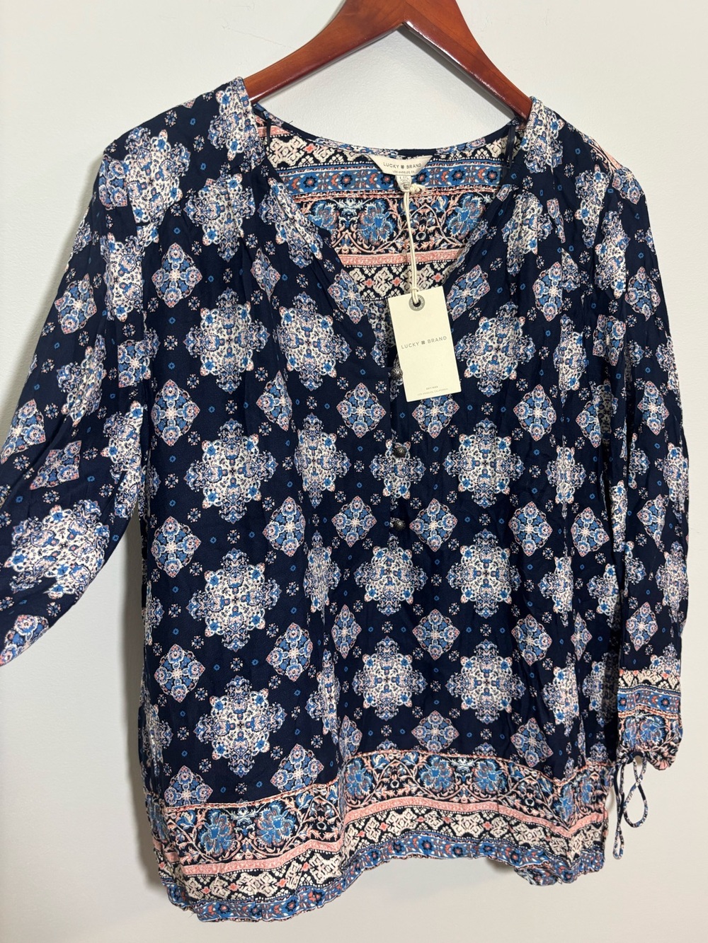 Lucky Brand NWT Navy Paisley Border Print Boho Blouse Viscose Fall L